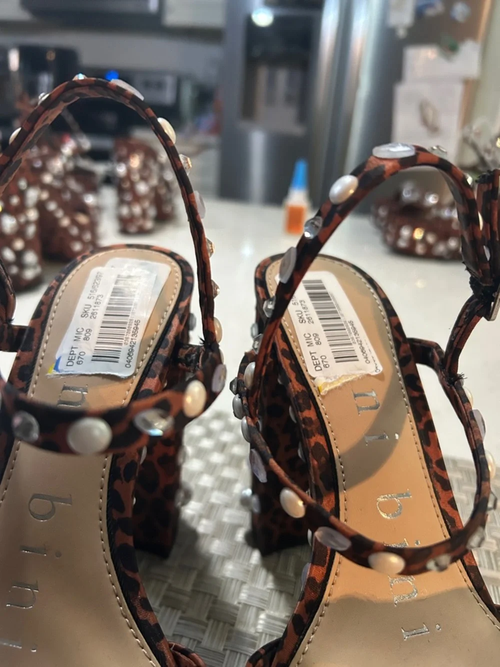 Leopard Print Platform Block Heels with Stud Accents - Brown no box